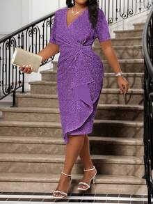 Fleurora Gaun Musim Panas Ungu Elegan untuk Wanita, Gaun Lilit untuk Tamu Pernikahan Formal, Gaun Midi Ukuran Plus dengan Leher V Dalam dan Hiasan Berlian Imitasi Berkilau untuk Pesta & Prom - Purple - View 3
