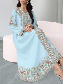 SHEIN Najma 女士花卉植物数码印花浅蓝色V领长袖优雅阿拉伯风格长款连衣裙，春秋季 - 彩色 - 查看 3