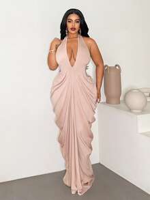 Maweii 大码女式深V领系腰甜美优雅时尚百搭纯色连衣裙 - 粉色 - 查看 4