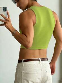 Manfinity Dauomo Men's Casual Neon Green Round Neck Cropped Slim Fit Tank Top - Green - View 2