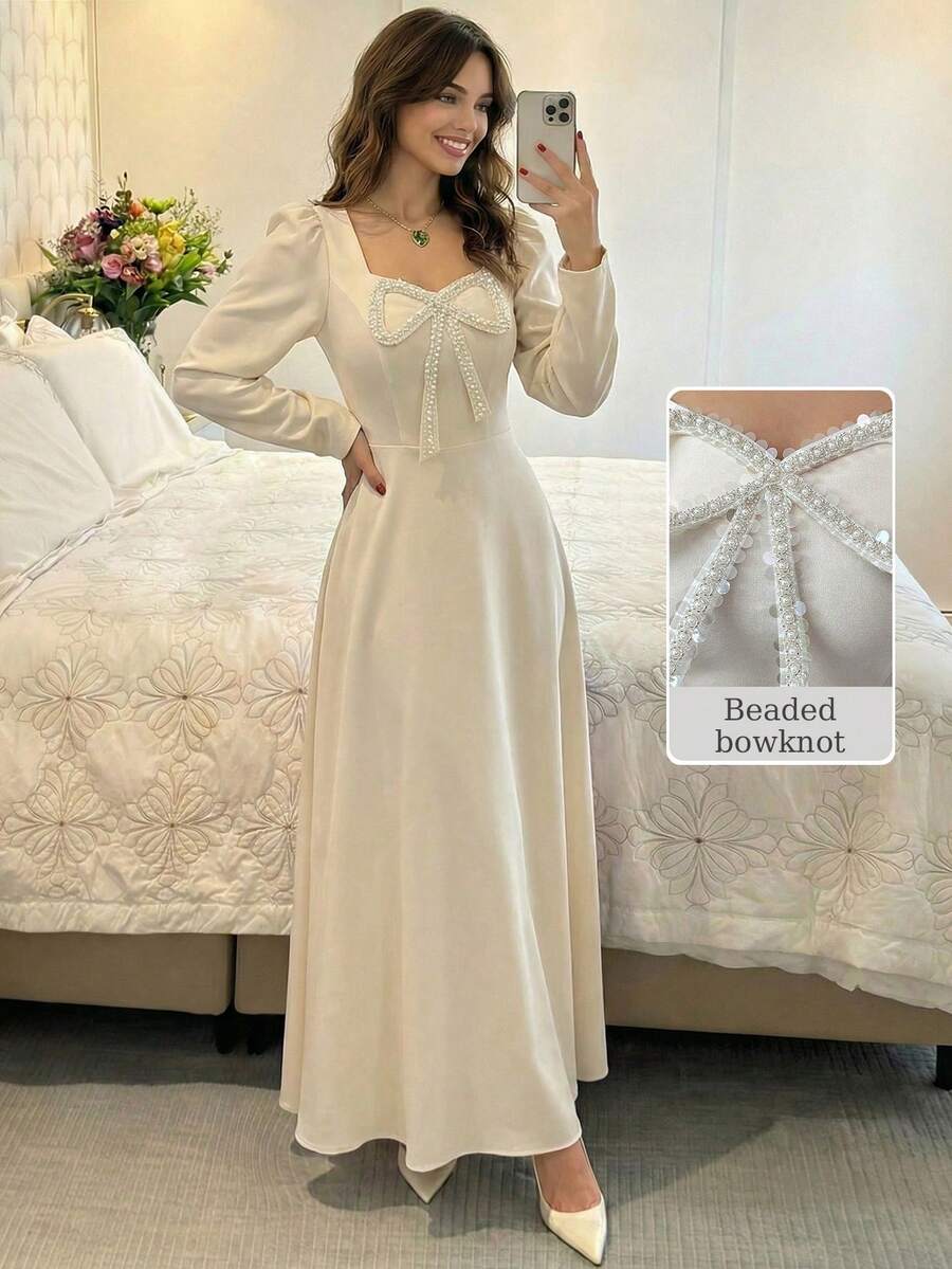 Modelyn Women's Apricot Elegant Knitted Pearl Collar Belted A-Line Long Sleeve Dress - Apricot - View 1