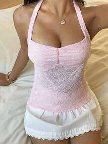 Sunnyshic Áo hai dây cổ yếm buộc nơ màu hồng dành cho nữ, chất liệu có họa tiết. - Hồng - Xem 7