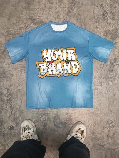 Manfinity Dauomo Y2K Street Style Short-Sleeved T-Shirt, "Your Brand" Faux Denim Print T-Shirt, Fashionable Hip-Hop Men's Vest, Fun Retro Vest, Regular Fit, Street Style, Digital Print, Ideal Gift.