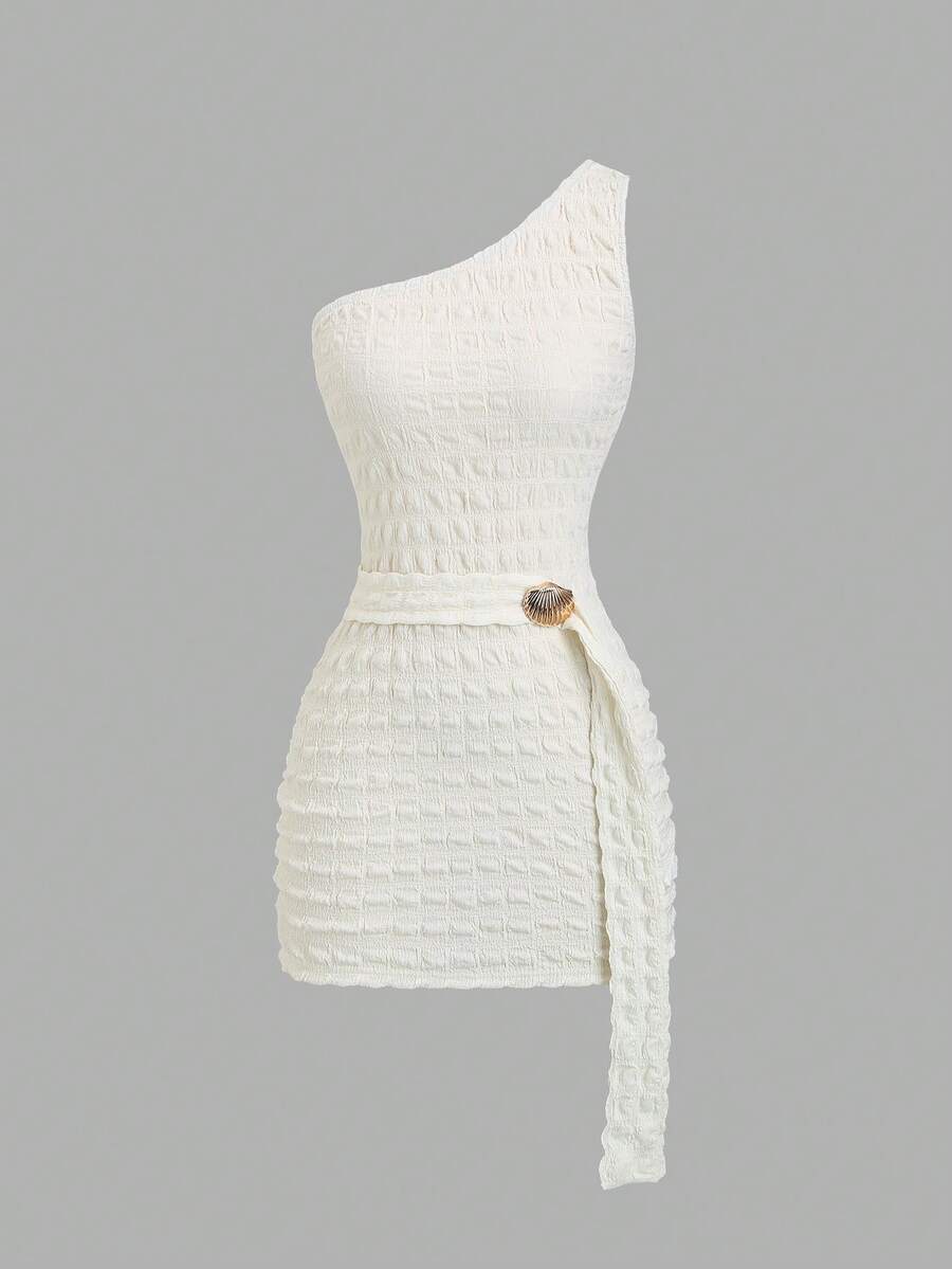 Sweetra Vestido mini ajustado de mujer con hombros abiertos, lazo y decoración de concha metálica en la cintura, de punto jacquard en color albaricoque, para primavera/verano/otoño - Albaricoque - Ver 1