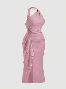 SHEIN MOD Đầm maxi dáng đuôi cá cổ yếm màu hồng họa tiết hoa 3D cỡ lớn, đầm dự tiệc prom thanh lịch dành cho thiếu nữ, đầm maxi xẻ cao, đầm maxi viền bèo nhún, thích hợp cho mùa xuân/hè. - Hồng - Xem 5