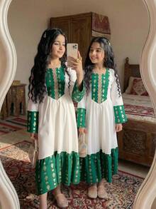 Sparklyn Sister Matching Long Sleeve Square Neck Flared A Line Polyester Dress For Tween Girls Geometric Arabian Style Vacation - Multicolor - View 1