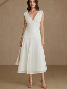 Aveloria Rosie Lightweight Chiffon Fabric, Pure White, Minimalist Modern Style, Deep V-Neck Design, Ruched Waist Element, Ruffled Hem, Soft Material, A-Line Floating Silhouette, Elegant Flowing Feel, Slimming Fit, Romantic Date, Summer Party, Beach Vacation, Bridesmaid, Art Exhibition, Evening Gala, Multi-Occasion Suitable. Fashionable Design Sense, Versatile Casual Women V-Neck Ruched Waist Sleeveless Long Dress - White - View 3