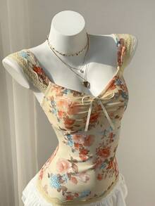 Elamini 女士度假风性感油画花卉印花缎带系带心形领T恤，夏季蕾丝网纱短袖上衣 - 彩色 - 查看 1