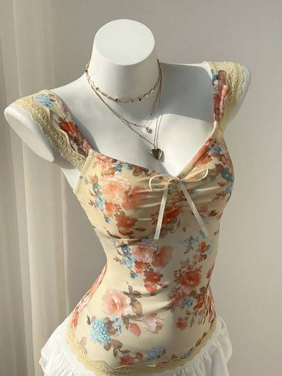 Elamini 2026春夏新款欧美风油画花卉印花甜心领T恤，蕾丝网纱短袖女式上衣