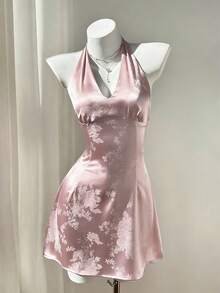 Elamini Women's Elegant Satin Tie-Waist A-Line Mini Dress, Casual Everyday Wear, Suitable For Dates, Outings, Spring/Summer - Pink - View 4