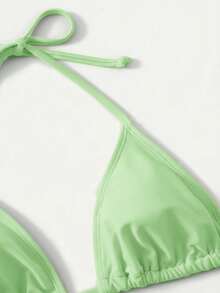 SHEIN Swim Basics 女士性感露背系带开衩比基尼套装，简约纯色，适合海滩度假 - 綠色 - 查看 4