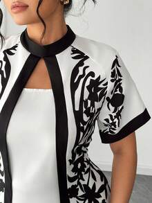 Elenzga Fashionable Casual Vacation Elegant Retro French Style Waist Cinched Floral Print Dress - Apricot - View 3