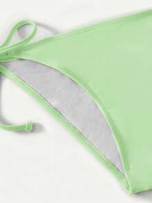 SHEIN Swim Basics 女士性感露背系带开衩比基尼套装，简约纯色，适合海滩度假 - 綠色 - 查看 3