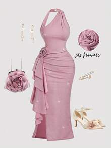 SHEIN MOD Đầm maxi dáng đuôi cá cổ yếm màu hồng họa tiết hoa 3D cỡ lớn, đầm dự tiệc prom thanh lịch dành cho thiếu nữ, đầm maxi xẻ cao, đầm maxi viền bèo nhún, thích hợp cho mùa xuân/hè. - Hồng - Xem 1