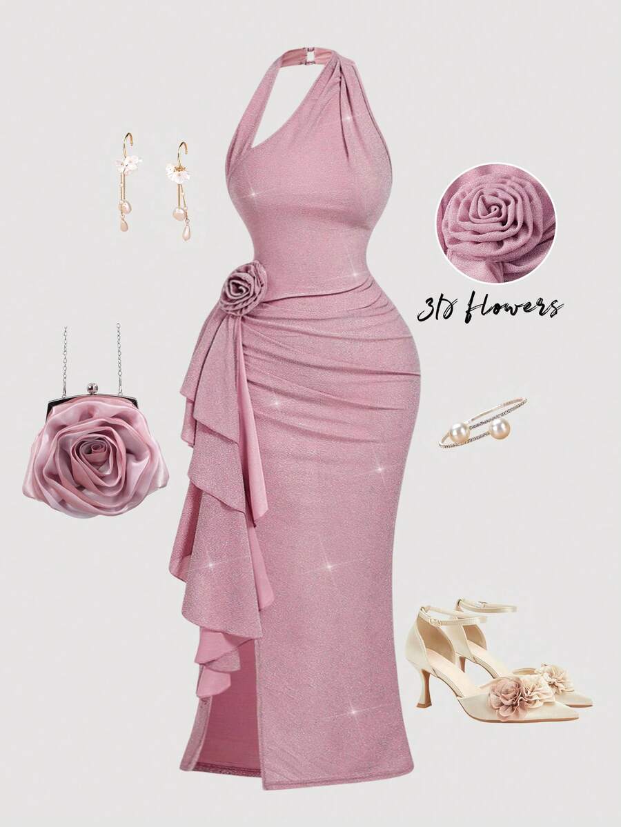 SHEIN MOD Đầm maxi dáng đuôi cá cổ yếm màu hồng họa tiết hoa 3D cỡ lớn, đầm dự tiệc prom thanh lịch dành cho thiếu nữ, đầm maxi xẻ cao, đầm maxi viền bèo nhún, thích hợp cho mùa xuân/hè. - Hồng - Xem 1