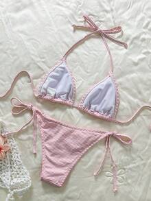 Swim Mod Women's Pink Striped Halter Bikini Set With Tie-Side Bottoms And Tie-Back Detail - Pink - View 4