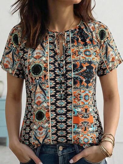 Vionelle Büyük Beden Kadın Yuvarlak Yaka, Tamamı Baskılı, Günlük Rahat Giyim Kısa Kollu Bluz