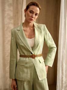 MOTF PREMIUM 亚麻混纺梭织腰带西装外套，复古风格，春夏款 - 薄荷綠 - 查看 5