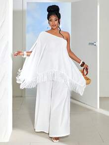 Maweii 大码斜肩通勤时尚百搭优雅女士两件套 - 白色 - 查看 6