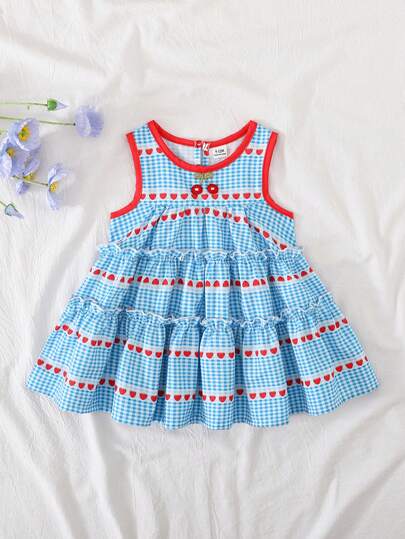 1pc Toddler Girls' Comfortable Casual Regular Thickness Cute Plaid & Strawberry Print Fabric Round Neck Sleeveless Contrast Color Cute Cherry Decor Ruffle Hem Basic Style Fashion Minimalist Lively Versatile Soft Dress, Suitable For Summer Outings, School, Vacation, And Daily Wear
