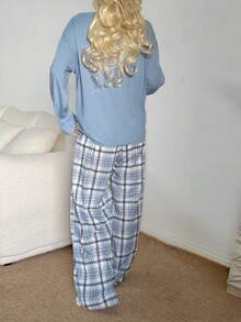 Dream Adore Women's Casual Loose Plaid Print Round Neck Pajama Set - Multicolor - View 2