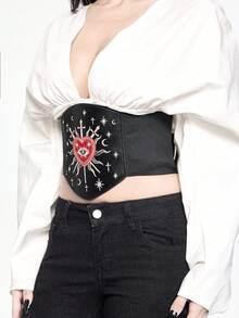 ROMWE Goth 一件式女士剑形爱心星星月亮刺绣图案装饰深色系弹力腰带束腰连衣裙牛仔裤配饰日常百搭 - 黑色皮革寶劍愛心腰封 - 查看 4