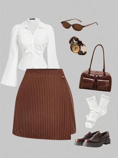 SHEIN MOD Plus Size Women Striped Casual Versatile Commute Mini Skirt.Plus Size Brown Pinstripe Mini Skirt Asymmetrical Hem Tailored Fit Vertical Stripes Soft Sheen Elegant Style Structured Waistband Decorative Button Detail Smooth Texture Minimalist Design Classic Silhouette Lightweight Feel Straight Cut Subtle Draping Versatile Color Rich Tone Easy Pull-On Comfortable Wear