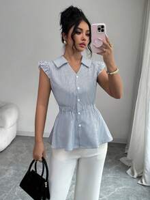 Elenzga Women's Fashion Striped Collar Design Cap Sleeve Cinched Waist Button Blouse, Elegant For Daily, Vacation, Outing, Party, Spring/Summer - Multicolor - View 1