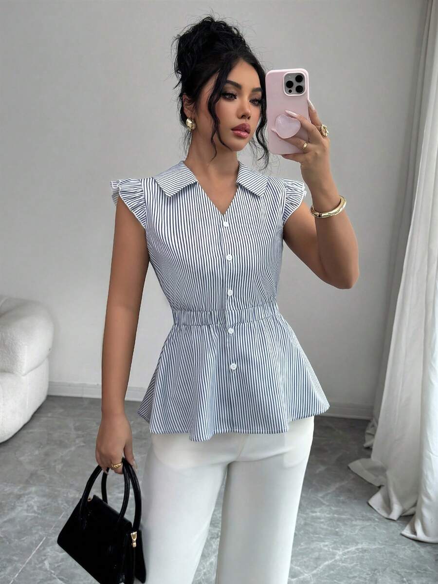 Elenzga Women's Fashion Striped Collar Design Cap Sleeve Cinched Waist Button Blouse, Elegant For Daily, Vacation, Outing, Party, Spring/Summer - Multicolor - View 1