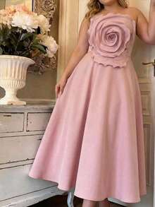 SHEIN MOD Đầm cúp ngực màu hồng họa tiết hoa 3D xếp ly, dáng xòe, không dây vai, dành cho nữ cỡ lớn, thích hợp cho sinh nhật, tiệc tùng, kỳ nghỉ lãng mạn. - Màu Hồng baby - Xem 6