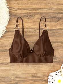 SHEIN Swim 2026春夏黑色无提拉可调节肩带支撑褶皱度假露脐女式上衣 - 棕色 - 查看 3