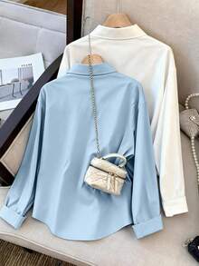 Resyla Áo sơ mi nữ cổ bẻ dáng thường ngày, thích hợp cho mùa xuân/thu, phù hợp cho mùa tựu trường, ngày Nhà giáo, các hoạt động ngoài trời, màu xanh da trời nhạt. - Nhiều màu - Xem 2