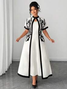 Elenzga Fashionable Casual Vacation Elegant Retro French Style Waist Cinched Floral Print Dress - Apricot - View 5