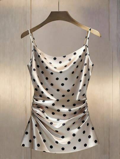 Franclia Minimalist Sexy Draped Neck Ruffle Trim Loose Printed Casual/Work Camisole For Women Polka Dot Dress Polkadot Dress Pokadot Dress Silky Dress Polka Dot Swimsuit Polka Dot Top Cream Polka Dot Top Sleeveless Polka Dot Top Satin Polka Dot Top Polkadot Camisole