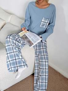 Dream Adore Women's Casual Loose Plaid Print Round Neck Pajama Set - Multicolor - View 3