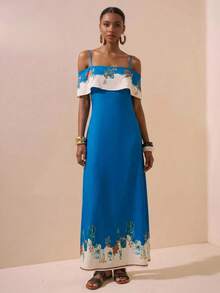 Swim Oasis 女士夏季波西米亚风度假印花荷叶边露肩罩衫连衣裙 - 彩色 - 查看 5