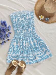 Elamini Navy Blue Strapless Ruched Waist Slim Fit Hollow Embroidered Ruffle Hem Bohemian Style Versatile A-Line Mini Dress - Multicolor - View 2