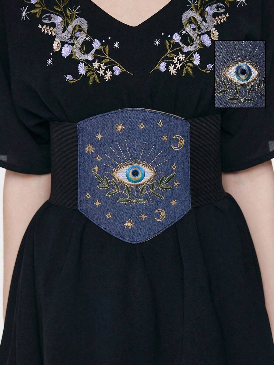 ROMWE Goth 一件式女士眼睛星星月亮叶子图案刺绣装饰深色系弹力皮腰束身连衣裙牛仔裤配饰日常百搭 - 牛仔藍眼睛樹葉腰封 - 查看 1