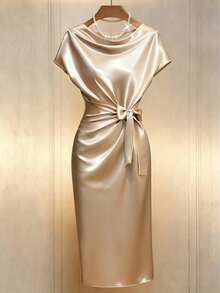 GlowEve 女士优雅系带中长连衣裙，适合派对穿着 - 杏色 - 查看 1