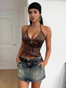 Slouenne Slouenne Spring/Summer New Sexy Tank Tops: Featuring Curves, Snake Print, Zebra Print, Animal Print Patchwork, Abstract Pattern Prints, Halter Neck, Tie-Up Design, Open Back, Street Style, Versatile And Suitable For Various Occasions. - Brown - View 5