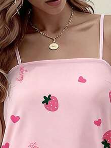 EMERY ROSE Women's Summer Casual Vacation Style Strawberry Heart Letter Print Ruffle Hem Camisole Dress - Multicolor - View 3