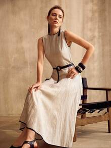 MOTF PREMIUM ELEGANT SLEEVELESS ROUND NECK CONTRAST TRIM MIDI A-LINE DRESS, VINTAGE STYLE, SPRING/SUMMER - Apricot - View 2