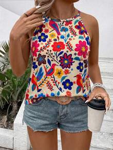 SHEIN VCAY CURVE Women's Plus Size Floral Print Sleeveless Round Neck Tank Top & Camisole - Multicolor - View 3