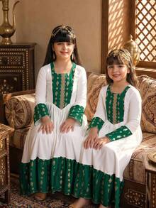 Sparklyn Sister Matching Long Sleeve Square Neck Flared A Line Polyester Dress For Tween Girls Geometric Arabian Style Vacation - Multicolor - View 4