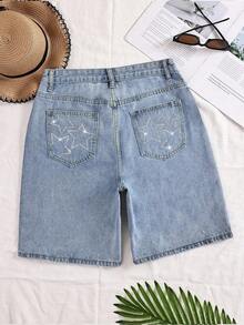 SHEIN ICON Women's Rhinestone Star Washed Denim Straight Leg Shorts - Light Wash - View 2