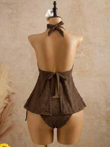 Bellisia 女士休闲度假波点纹理面料吊带比基尼上衣 - 咖啡棕 - 查看 2