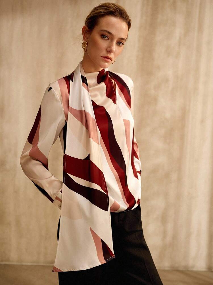 VINTAGE-STYLE COLOR BLOCK PRINT TIE NECK LONG SLEEVE SATIN BLOUSE, SPRING/SUMMER
