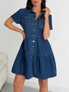 SHEIN 100% COTTON WOMAN RUFFLE DENIM DRESS - Dark Wash - View 4
