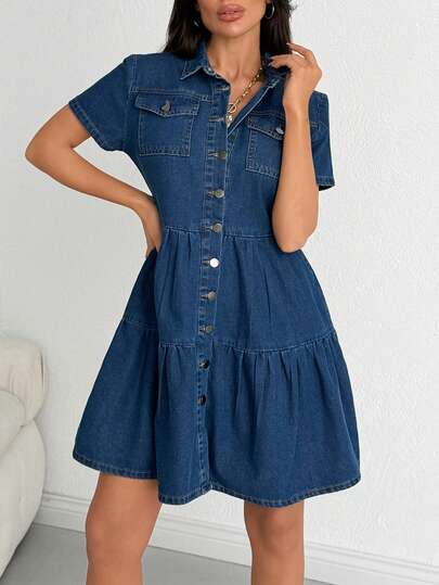 SHEIN 100% COTTON WOMAN RUFFLE DENIM DRESS