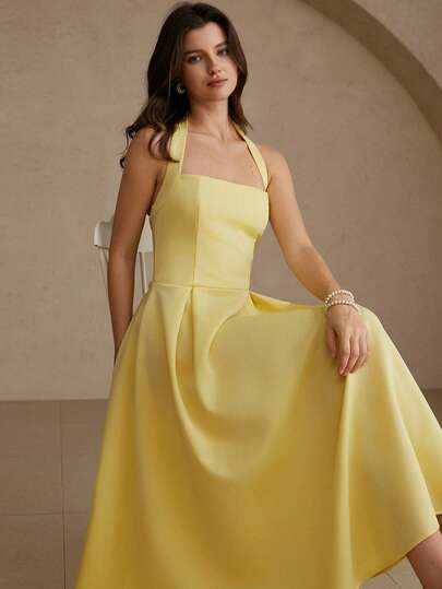 Aveloria Rosie Elegante vestido midi plisado con corte evasé, estilo retro francés chic en colores dopamina, con escote halter y cintura ceñida, confección estructurada con cremallera oculta en la espalda, nuevo para primavera/verano, adecuado para citas, vacaciones, bodas, fiestas y uso diario